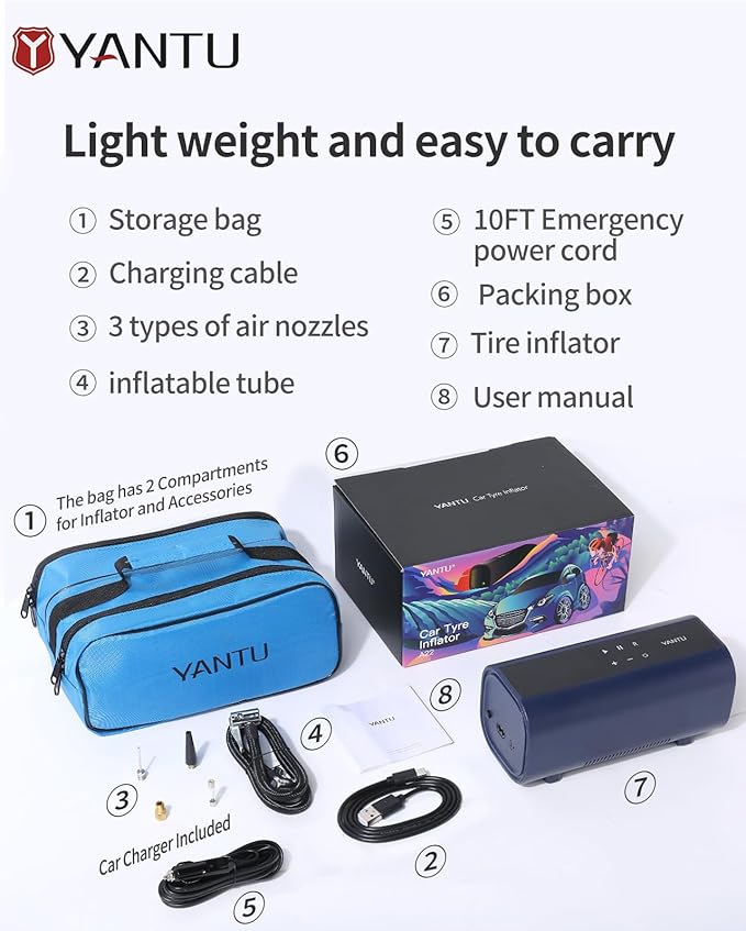 YANTU Dual Cylinder Tire Inflator Portable Air Compressor With 8.3-Inch Large Digital Screen,12V Cordless/battery powered Car Air Pump For Car Tires,Electric Auto Shut Off for Truck/Bike/Pickup/Moto