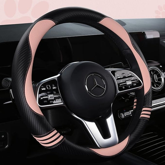 Car Steering Wheel Covers for Women Padded Carbon Fiber PU Leather Cute Auto Interior Accessories for Vehicle, Sedan, Universal, Anti Slip, Pink, Standard Size 14.5-15"(37-38cm)