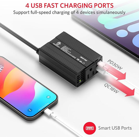 BESTEK 150W Car Power Inverter, DC 12V to 110V AC Converter PD 30W QC 3.0 18W USB Charger Laptop Car Charger Outlet Power Adapter for Car