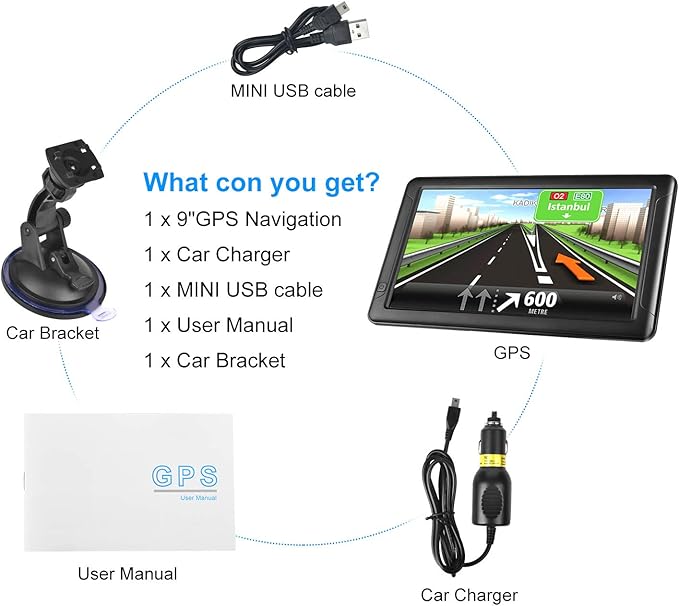 GPS Navigation for Car (9 Inch) Slimline Touch Screen Real Voice Direction ,USA Edition 2025 (Free Lifetime Updates) Turn-by-Turn Voice and Lane Guidance, Speed and Red Light Warning (American Brand)