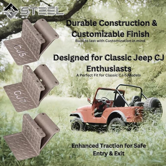 CJ5 Side Steps Compatible with Jeep © CJ Vehicles (Pair) - Solid Steel Construction - Metal Diamond Treadplate Traction Design - Universal Fitment on Classic CJ-5 (Solid)