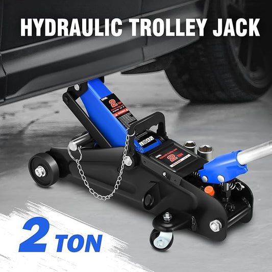 DNA MOTORING Floor Jack with Socket and Lock, Low Profile Hydraulic Trolley Jack for Cars Lift, 2 Ton (4000 lbs) Capacity, Lifting Range 5.12"-13", Blue, TOOLS-00677-BL