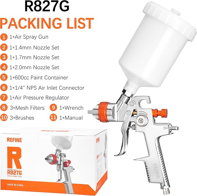REFINE Spray Gun Kit, Auto Paint Gun with 1.4/1.7/2.0mm Nozzle Sets, 600cc Cup, Professional Automotive Air Spray Gun with Air Regulator for Cars, House & DIY Painting