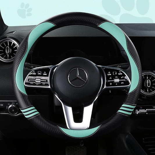 Car Steering Wheel Covers for Women Girl Padded Carbon Fiber PU Leather Cute Cartoon Auto Interior Accessories for Jeep, Truck, Universal, Anti Slip, Green, Large Size 15.5-16"(39-41cm)