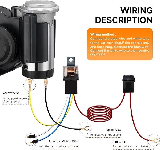 Air Horn for Truck,Super High Pitched Train Horn for Car, Waterproof Snail Horn for Motorcycles, Cars, trucks, trains and ships(black horn with wire, 12v)