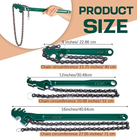 Lasnten 3 Pcs Large Reversible Chain Oil Filter Wrench with 12 16 9 Inch Chain Wrench Adjustable Heavy Duty Carbon Steel Sturdy Pipe Fitting Tool Spanner for Ratcheting Universal(Green)