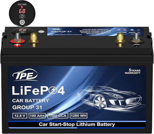 TPE BCI Group31 Car Start Stop System LiFePO4 Lithium-ion Battery 12.8V 100AH 1500A 1280WH Lightweight High Performance Battery Level Display Dual Port