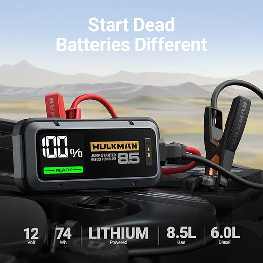 Hulkman Alpha85,Space Gray,2000A 74Wh Smart Jump Starter,12V Portable Car Battery Booster with 3.3" Display,USB-C Power Pack,5-Mode Flashlight,Jumper Cables for up to 8.5L Gas/6.0L Diesel