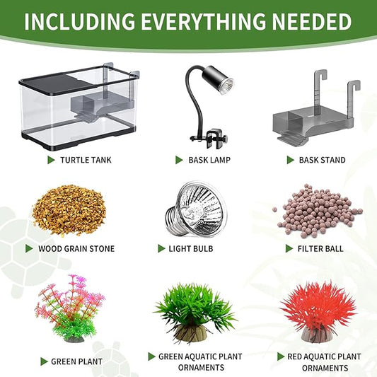 (Tank + Light + Filter Balls) Turtle Tank Kit, Turtle Tank Starter Kit,Bottom Drainage, Multi-Function Areas for Turtles, Crabs,Fishes, Amphibians,Reptiles. (11.81 × 7.88 × 7.88 Inch)