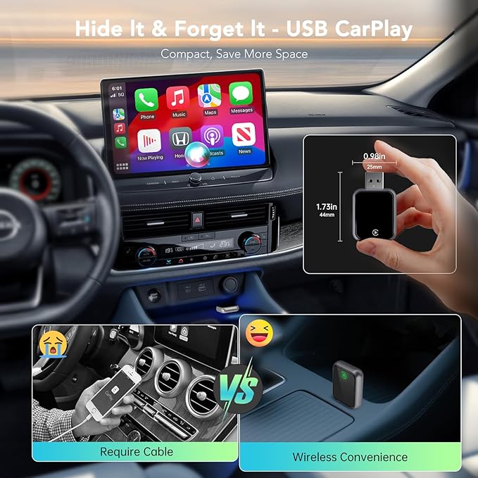 Wireless CarPlay Adapter for iPhone, 2025 Carplay Wireless Adapter for Apple & Android Auto (2016+ Models), Compatible with Cars with Factory Wired Carplay, Car Play Dongle with USB/USB-C (Dark Grey)