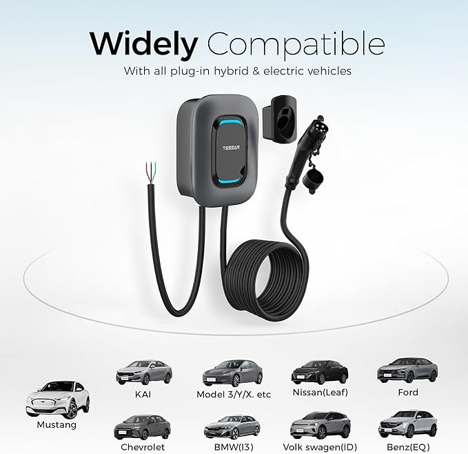 TESSAN Level 2 EV Charger, Hardwired Electric Vehicle Fast Charging Station, 48A/240V Smart Equipment App Control Wi-Fi (Only 2.4Ghz)& Bluetooth, 25ft Cable with Holder for Indoor Outdoor Home