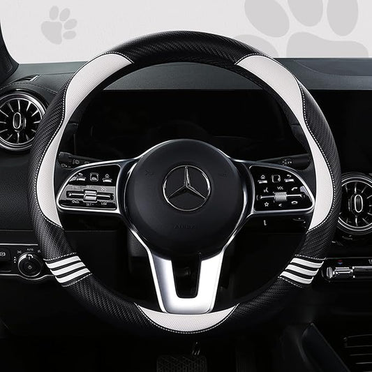 Car Steering Wheel Covers for Women Girl Padded Carbon Fiber PU Leather Cute Cartoon Auto Interior Accessories for Jeep, Truck, Universal, Anti Slip, White, Large Size 15.5-16"(39-41cm)
