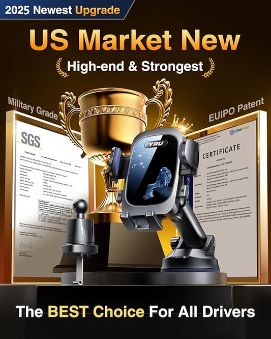 YRU True Military-Grade & 360 Degrees Rotatable Suction 2025 Ultimate Car Phone Holder Mount 90+LBS Safest Strongest Patent Certs Dashboard Windshield Vent for iPhone 16 15 Pro Max Samsung Dark Black