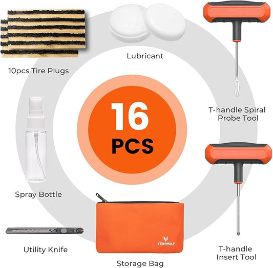 ETENWOLF Flat Tire Repair Kit with Plugs 16 Pcs, Heavy Duty Tire Plug Kit for Car, Motorcycle, ATV, Jeep, Truck, Tractor (Vivid Orange)