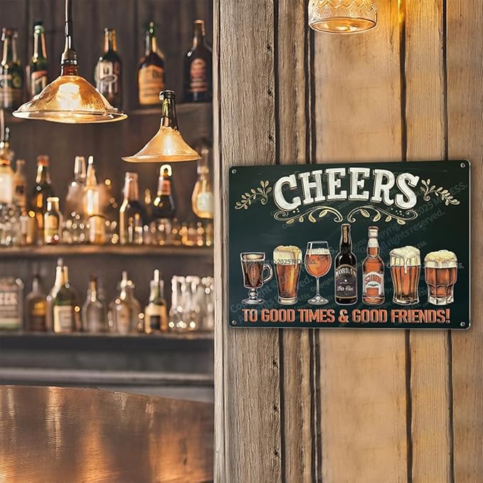 "Cheers to Good Times" Vintage Bar Sign or Man Cave Decor – 12x8″ Durable Metal Beer Signs Wall Decorations for Home Bar/Basement/Garage/Mancave, 2346