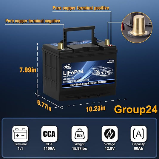 TPE GROUP G24 Lithium Car Battery - High Capacity, 12V, Maintenance-Free, Long-Lasting for Reliable Power