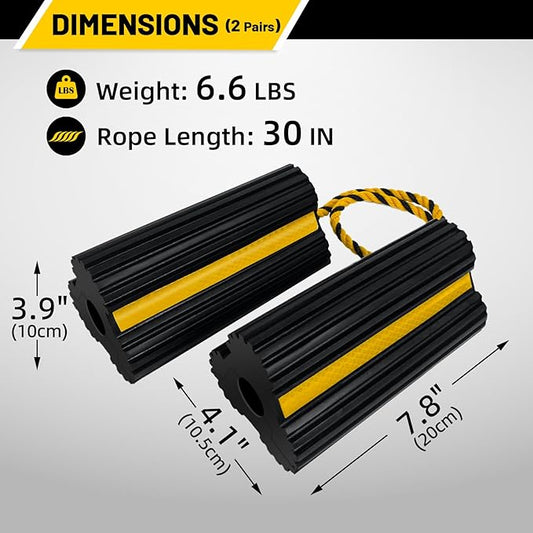 ROBLOCK 2 Pairs Wheel Chocks Heavy-Duty Rubber Wheel Block Non-Slip Base with Nylon Rope Yellow Reflective Tape - 4 Pack Wheel Stopper for Travel Trailers, Car, Camper, Truck, Black