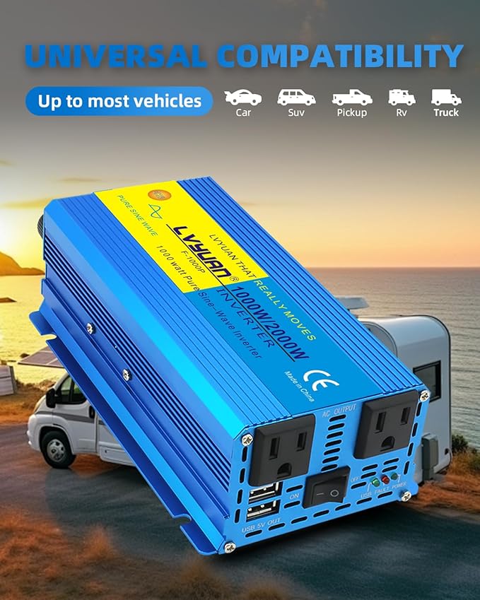 LVYUAN 1000 Watt Pure Sine Wave Inverter 12V to 110V 120V DC to AC with U.S. Outlet, USB Charger Ports, Car Power Inverter for Vehicles, RV, Outdoor, Home