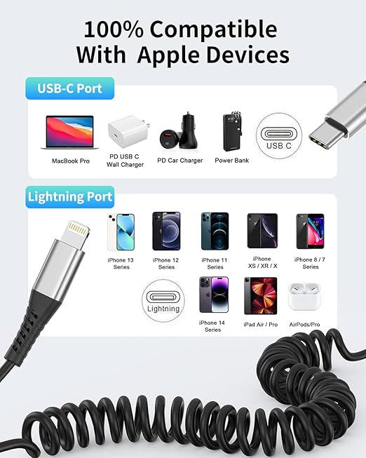 Coiled USB C to Lightning Cable for Car 2 Pack, 3FT Apple Carplay Cable, Short Retractable iPhone Charger Fast Charging Cord for iPhone 14 13 12 11 Pro Max Xs X Xr 8/Airpods