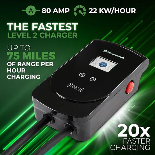 PRIMECOM 80 Amp 22KW 220Volt Level-2 18ft to 50ft Cord Lengths 20X Fast Smart Electric Vehicle EV Charging Station Ford Transit F-150 Lucid Air Polestar TeslaXS Taycan (50 Feet)