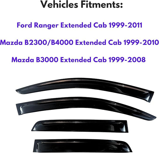 KPY Window Visor Compatible with Ford Ranger 1999-2011 & Mazda B2300/B4000 1999-2010 & Mazda B3000 1999-2008, Rain Guard Vent Deflectors Tape-On, 2002 2003 2004 2005 2006 2007 2009 (Extended Cab)
