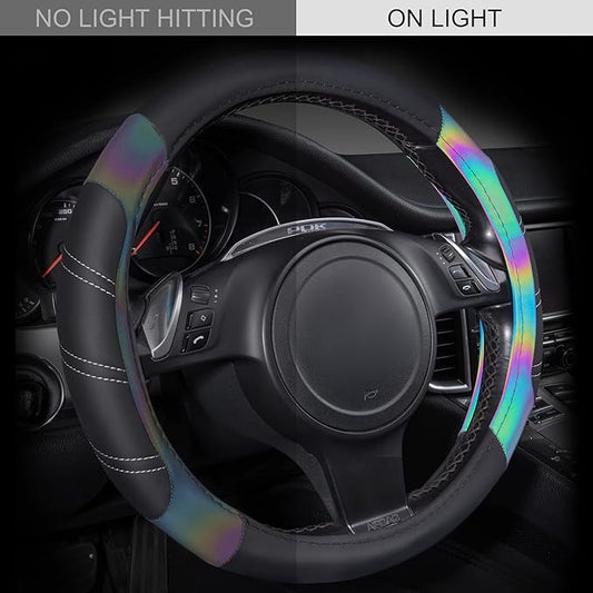 CAR PASS Line Rider Microfiber 15.5-16 Inch Leather Sporty Steering Wheel Cover Universal Fits for 95% Truck,SUV,Pickup, Anti-Slip Safety Comfortable Desgin (Black Reflective)