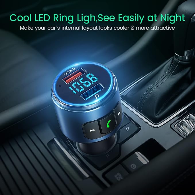 Upgraded FM Bluetooth Transmitter Car, QC3.0 Quick Charging & LED Backlit Bluetooth Car Adapter/FM Transmitter/Hi-Fi Music Player with Noise Cancelling Calls, Siri Google Assistant