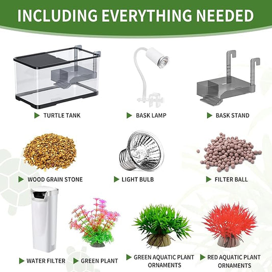 (Tank + Light + Filter + Filter Balls) Turtle Tank Kit, Turtle Tank Starter Kit,Bottom Drainage, Multi-Function Areas for Turtles, Crabs,Fishes, Amphibians,Reptiles. (15.75 x 8.64 x 8.64 Inch)