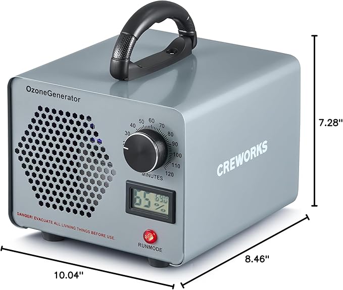 CREWORKS Ozone Odor Machine, Commercial Ozone Generator Air Purifier with Timer Display, 60000 mg/h Ozone Machine for Car Home Smoke Pet Odor Removal, High Capacity for 3200 sq ft Room, Silver