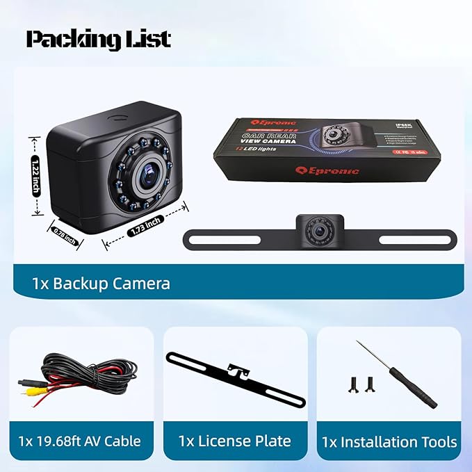 X1 Backup Camera for Car License Plate Reverse Cam, IP69 Waterproof Rearview Camara de Reversa de Auto Clear Night Vision, 149 Degree Wide View Angle - NTSC 12V