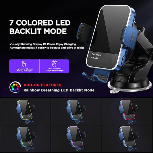 Wireless Car Charger,【7 Colored LED Backlit】15W Auto Clamping Car Charger Phone Mount Holder fit for iPhone 14 13 12 Mini Pro Max 11 XR XS X, Samsung Galaxy S23 Ultra S22 S21+ S10+ Note 20, etc - Blue