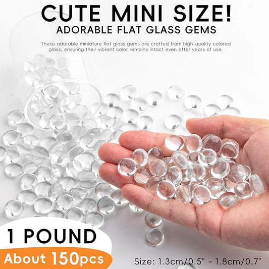 1 LB Clear Glass Marbles, Transparent Mini Flat Glass Beads~150 PCS for Vase Fillers, Floral Bottom Mancala Gems Pebbles Fish Tank Rocks for Table Aquarium,Home Decor Art Craft Supplies(0.5"~0.7")