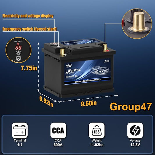 TPE Car Start-Stop Lithium Battery BCI Group47 LiFePO4 Lithium-ion Car Battery Lightweight Design Auto Lithium Battery 12.8V 600A High-Performance
