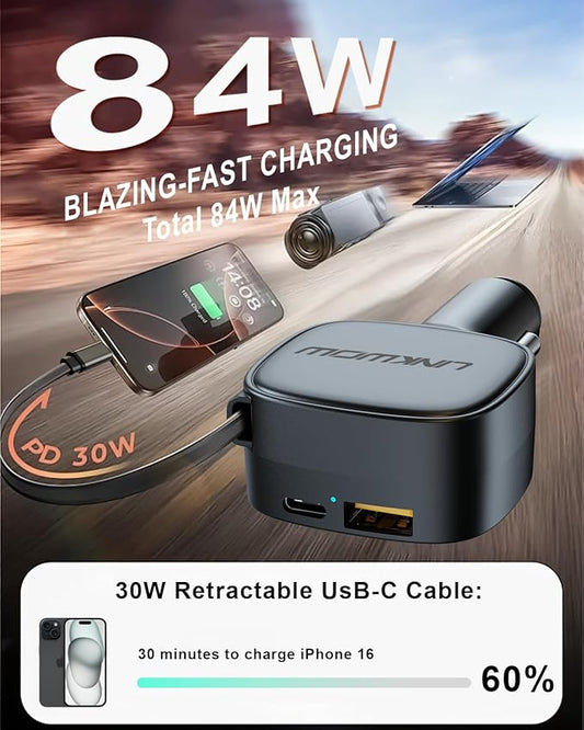 Retractable Car Charger USB C, 84W Max, Ultra-Compact, Type-C Fast Charger with Built-in Retractable USB-C Cable, Car Adapter for iPhone 16/15 Series, MacBook Pro/Air, iPad, AirPods Black
