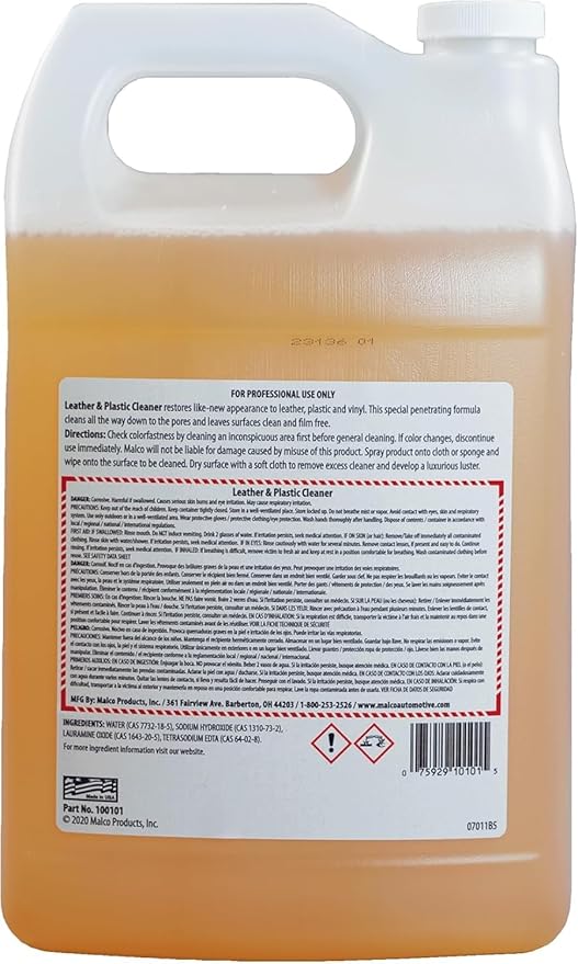 Malco Leather & Plastic Cleaner – Penetrates Deep to Remove Dirt, Grime and Oily Soils/Restores Leather, Plastic and Vinyl/Leaves Surfaces Clean, Shiny and Film-Free / 1 Gallon (100101)