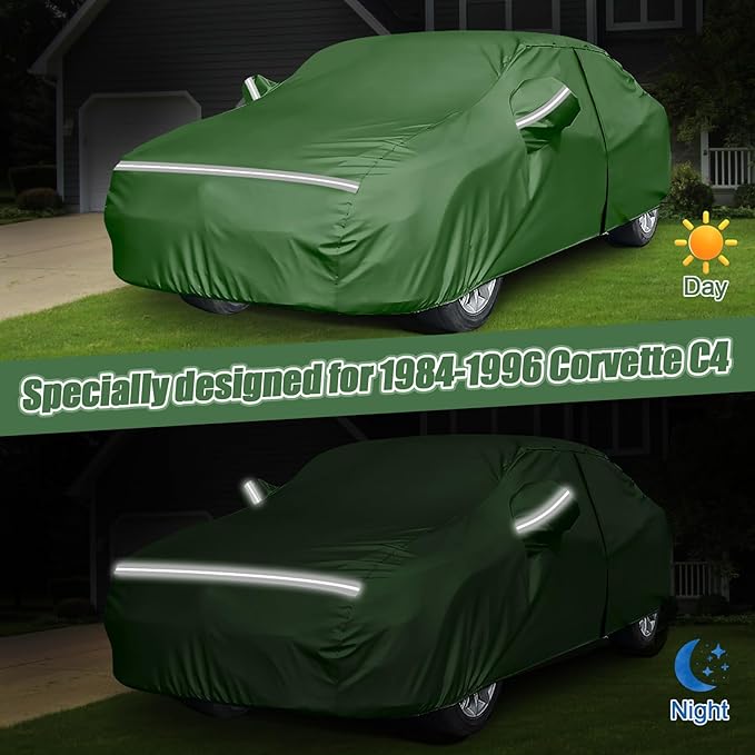 BOSSTONE Car Cover Custom Fit for Corvette C4 1984–1996, Waterproof All Weather for Automobiles Full Exterior Cover Rain Sun Snow Protector with Door Zipper (Green)