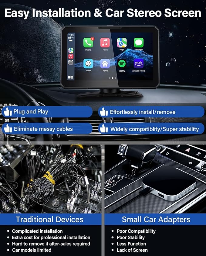 7" HD Apple Carplay Screen for Car,2-in-1 Wireless CarPlay Suitable for Apple CarPlay and Android Auto, Apple CarPlay with GPS Navigation, Voice Control, Mirror Link, Bluetooth for Most Vehicle