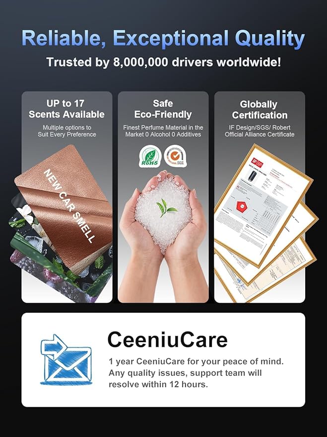 Ceeniu Smart Car Air Fresheners, New smell experience by Ultrasonic mist, Auto On/Off, Powerful Built-in Battery, Long lasting natural fragrance, Adjustable car freshener, Bamboo scent