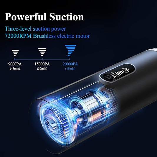 Car Vacuum Portable Cordless - 20000PA High Power Handheld Vacuum with LED Display, 2.5H Fast Charging Up to 45 Mins of Runtime, Hand Vac Cordless Rechargeable for Car Home Corner Cabinet