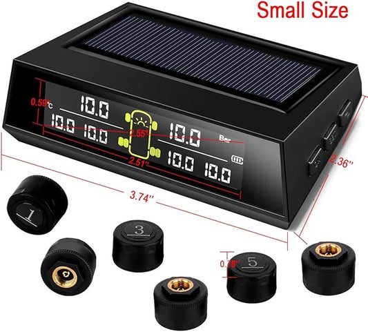 RV TPMS Tire Pressure Monitoring System, TS200 Solar Wireless TPMS with 6 Tire External Sensors Digital LCD Display RV Auto Security Alarm for Car RV Trailer Truck Tow Motorhome