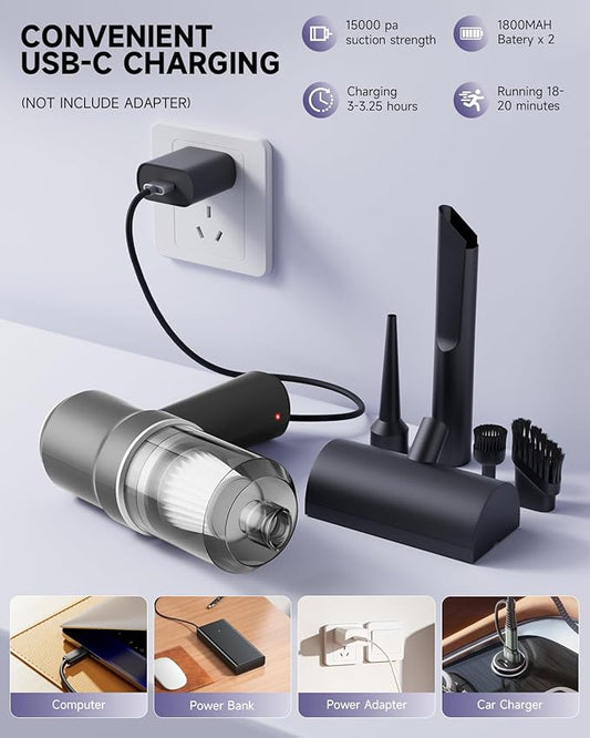 Handheld Vacuum Cordless Rechargeable with LED Light and Multi-Nozzles,15000 Pa Car Vacuum Portable Cordless, 120W Powerful Mini Vacuums Cleaner for Home, Car, Pet Hair, DC Motor, Black