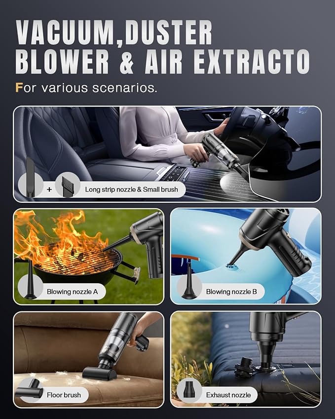 Handheld Car Vacuum Portable Cordless, 21000Pa High Power Handheld Vacuum with 2 Gear Adjustment - Brushless Motor,4 in 1 Air Duster and Vacuum Cleaner with LED Light,Dual Filters,for Home Car Office