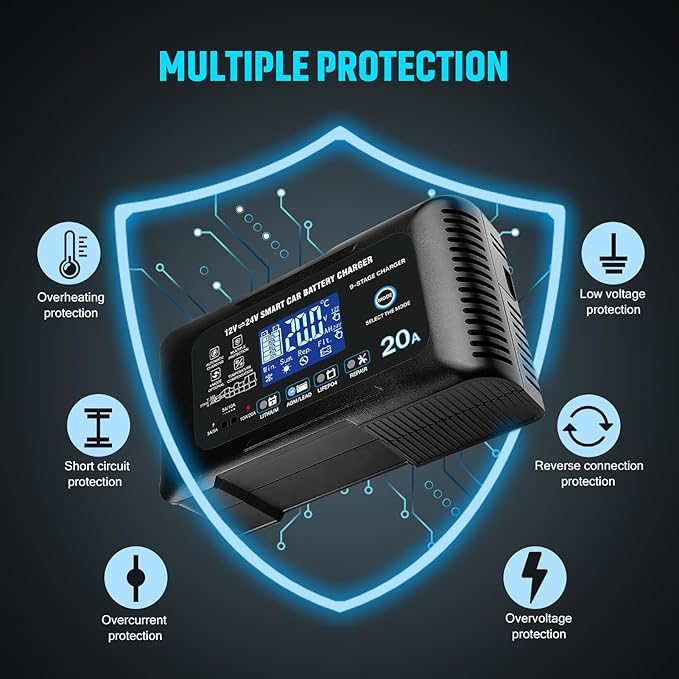 Battery Charger 0-20A 12V/24V Lithium LiFePO4 Lead Acid Fully Automatic Maintainer, Smart Car Battery Charger,Trickle Charger w/Pulse Repair for Trucks,Boats,Motorcycles,Deep Cycle Batteries 
