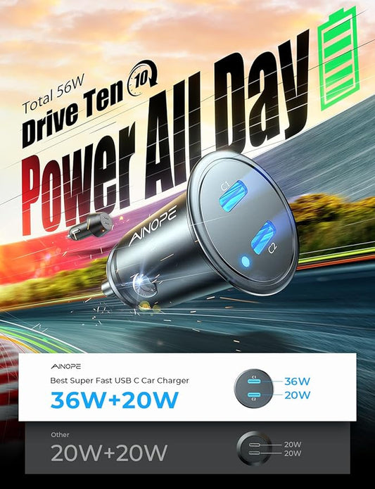 AINOPE USB C Car Charger for iPhone 15, Smallest 56W Car Charger Adapter Fast Charginig, PD 3.0 Dual USB Compatible with iPhone 15 Pro Max Plus/14/13 Pro/12 Pro/12 Mini, Galaxy, iPad Pro