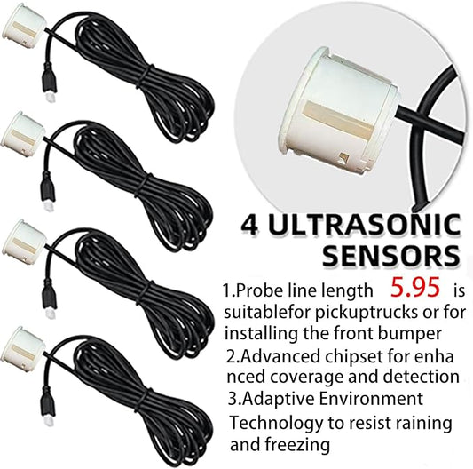 Pickup Truck Backup Radar System - Four 5.95m Sensors for Rear Installation, Compatible with Front Bumper Mounting - Enhance Safety & Visibility(White)