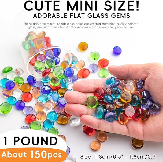 1 LB Mix Color Glass Beads, Mini Flat Glass Marbles~150PCS for Vase Fillers, Floral Bottom Mancala Gems Pebbles Fish Tank Rocks for Table Scatter Aquarium,Home Decorative Art Craft Supplies(0.5"~0.7")