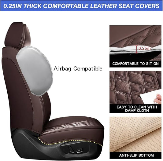 Car Seat Covers Full Set, Leather Seat Covers for Cars, Car Seat Protector Waterproof, Non-Slip Car Interior Covers Fit for Most Cars, SUV, Vans, Trucks,2Seaters,Full Set,Brown