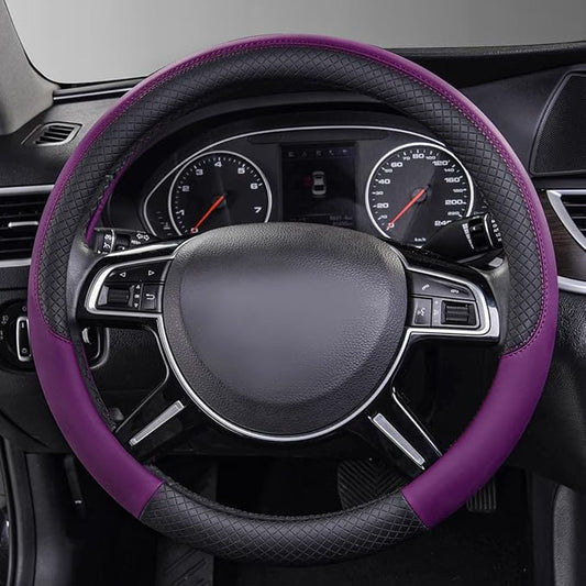 CAR PASS Rhombus Leather Universal Steering Wheel Cover, Fit for Suvs,Trucks,Cars,Sedans,Vans (Black&Dark Purple)