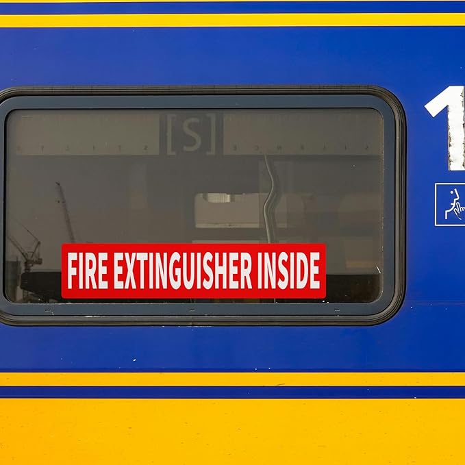 Madrigal Fire Extinguisher Inside Sticker Sign,2Pack 12x2.5" Self-Adhesive Vinyl, Weatherproof & UV Protected for Cars, Trailers, Rv's, Trucks and Vehicles, Red on White
