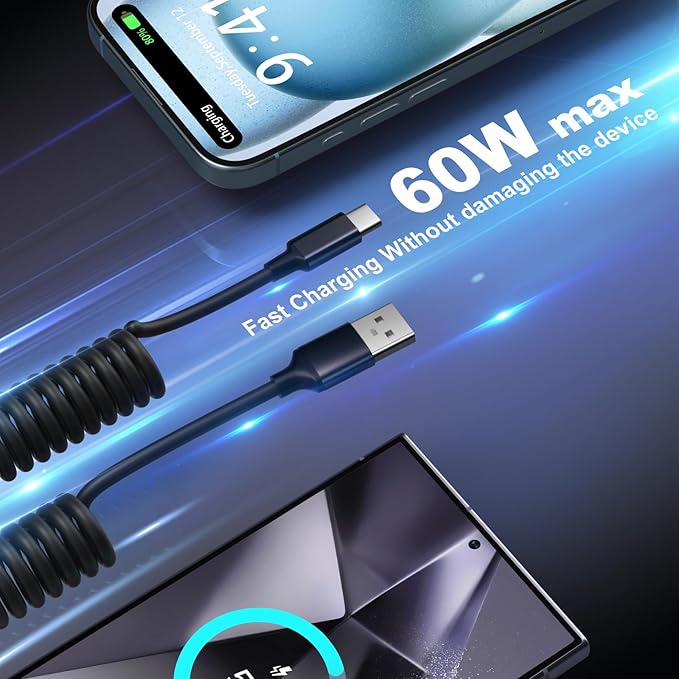 Retractable USB C Car Charger with Cord, OKRAY 78W 3-Port 12v Cigarette Lighter Adapter PD30W Fast Charging Samsung Car Charger & Coiled USB C Cable for Samsung Galaxy S25 S24 A16,iPhone 16 15 Pro Max